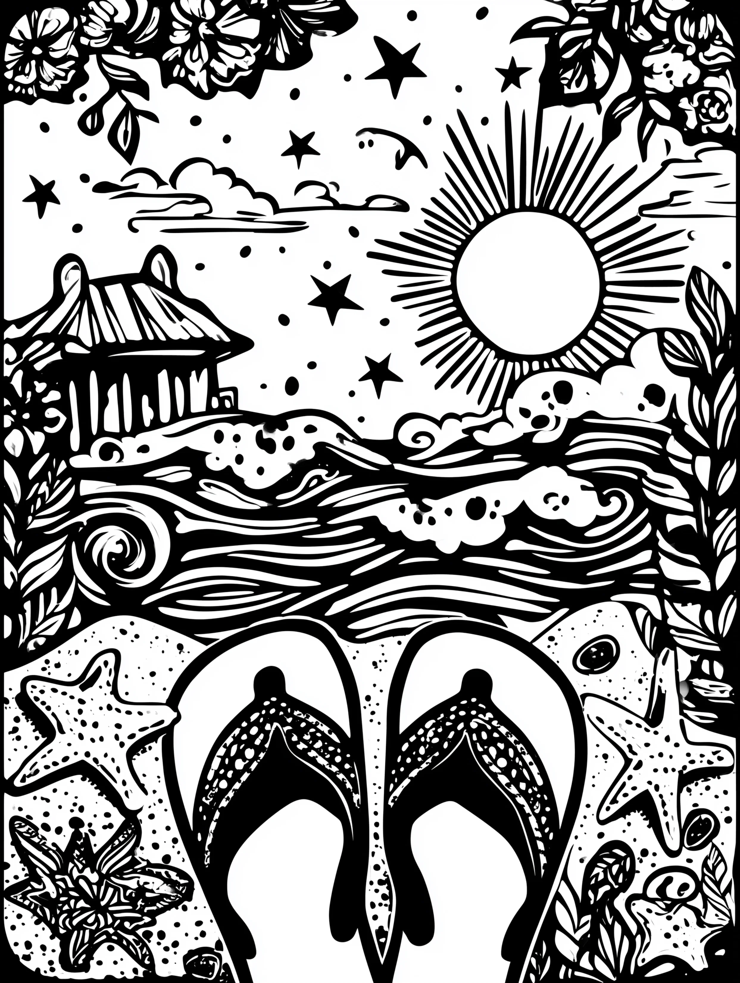 Free printable summer coloring page for adults featuring a summer slipper scene